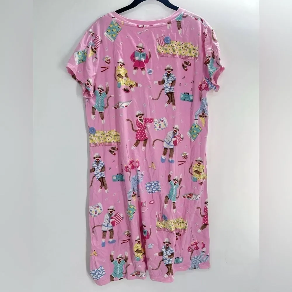 Nick & Nora Sock Monkey Sleepshirt Nightgown Pajama Party Pillow Fight Pink L_3